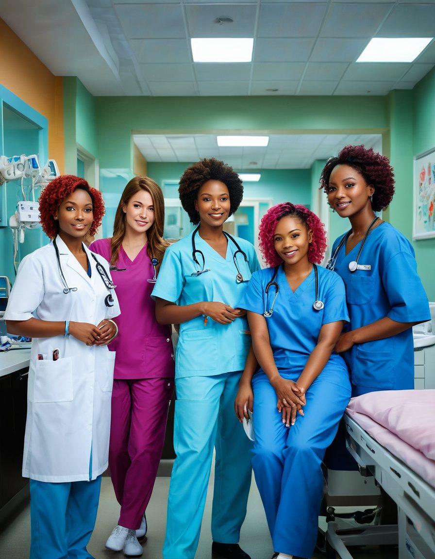 A vibrant scene depicting diverse women in medical attire, showcasing their unique personalities and strengths in a hospital setting. Each woman confidently expresses her eccentricity through colorful accessories, hairstyles, and medical tools. The background features elements that symbolize innovation and excellence in healthcare, like advanced gadgets and inspiring quotes on the walls. Bright and uplifting colors to convey empowerment and passion. super-realistic. vibrant colors. 3D.