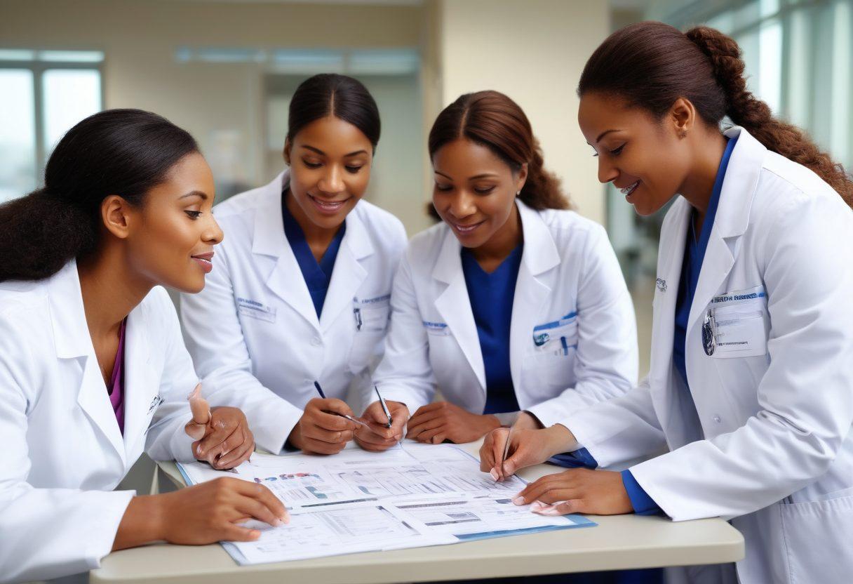 A diverse group of female physicians in white coats, showcasing confidence and compassion, gathered in a modern hospital setting. They are interacting with patients and discussing medical charts, symbolizing their impact in healthcare. The background features inspirational quotes and visuals of breakthroughs in medicine. The color palette is warm and inviting, emphasizing empowerment and excellence. super-realistic. vibrant colors. 3D.