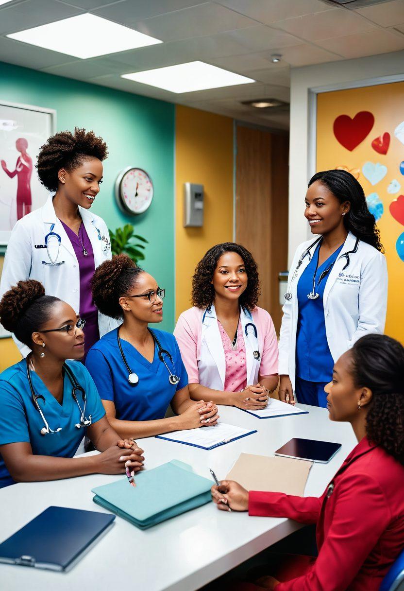 A hopeful scene depicting a diverse group of women in healthcare, confidently leading a discussion with patients in a modern clinic. Each woman represents different ethnicities and backgrounds, showcasing their unique contributions to wellness. In the background, symbols of health such as stethoscopes, heart monitors, and wellness posters add depth. The light is warm and inviting, embodying empowerment and community. super-realistic. vibrant colors. 3D.